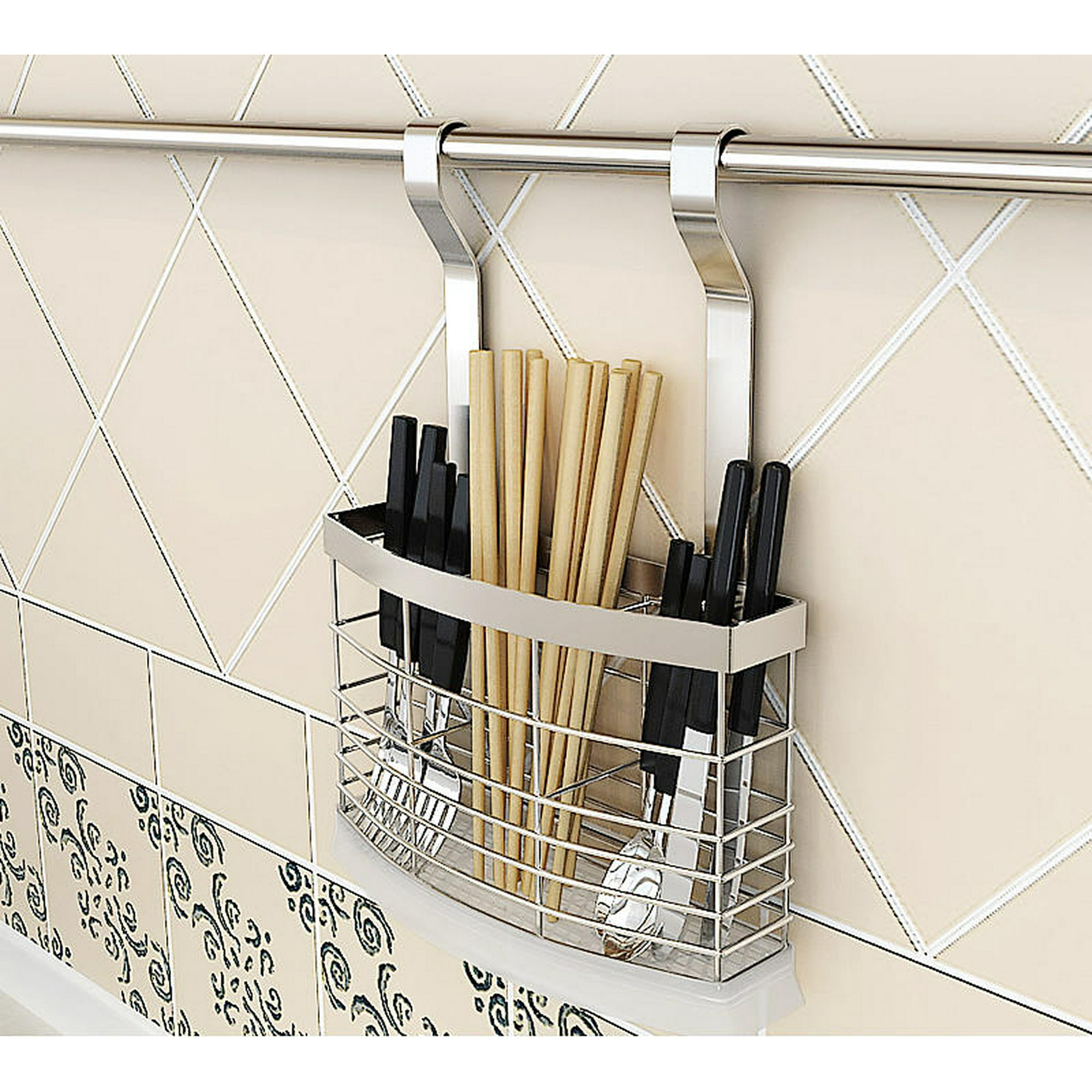 Hanging Rectangular Mesh Utensil Drying Rack Spoons Forks Storage Basket Holder